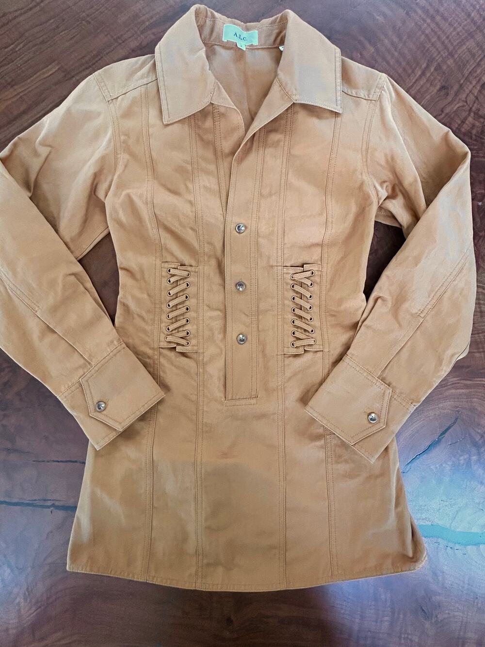 A.L.C. Paisley Camel Corset Lace Up Utility Shirt Mini Dress Fall Size 4